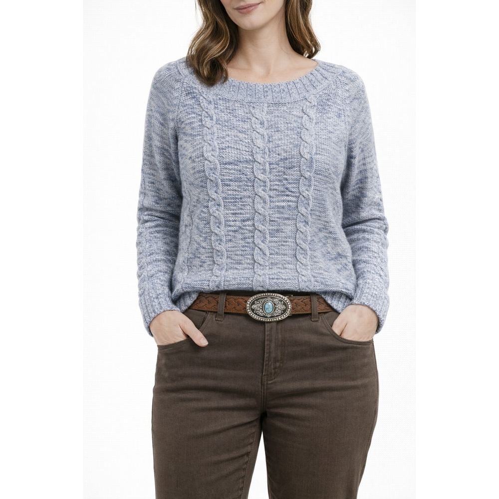 Liz Claiborne Womens Sweater M Marled Cable Knit Long Sleeve Blue White Pullover